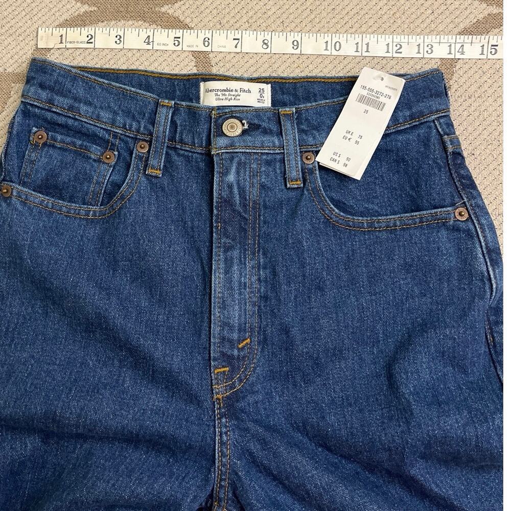 Abercrombie & Fitch The 90’s Straight Ultra High Rise Dark Blue Jeans, size 25/0 - Picture 7 of 13
